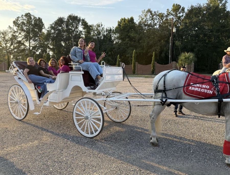 White horse-drawn carriage with guests at Inspira Ranch during a quinceañera celebration